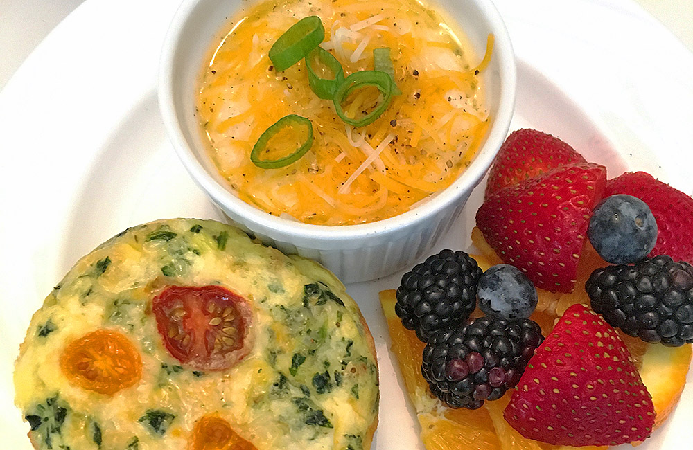 cheesy grits, frittata and fruit